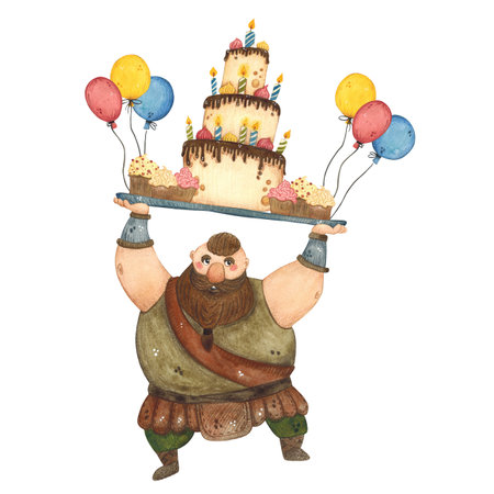Watercolor illustration of a Viking with a cake and balloonsの写真素材
