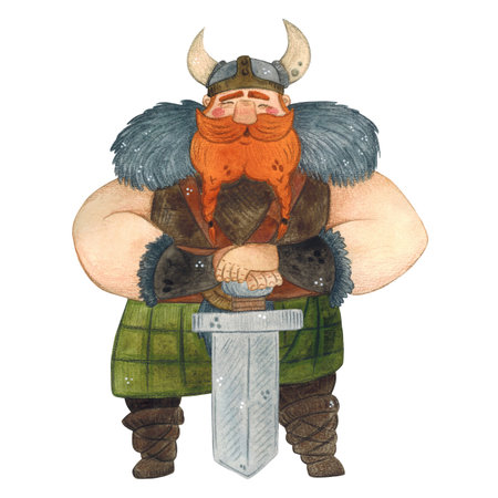 Cheerful Viking in a helmet with a sword on a white backgroundの写真素材