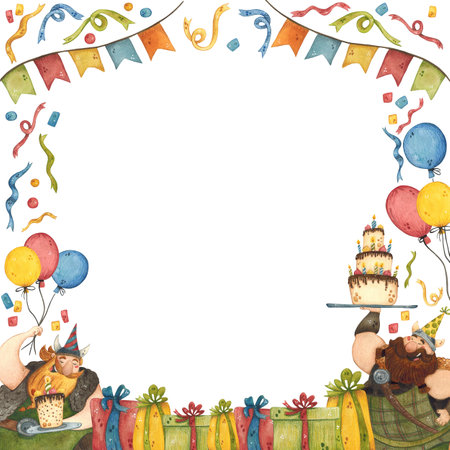 Square birthday frame with Vikings with gifts, confetti, ribbons, cake and balloonsの写真素材