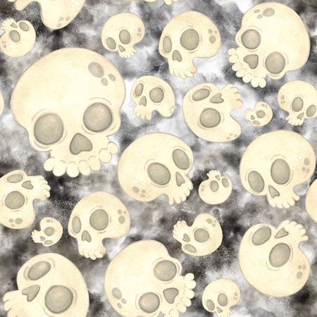 Seamless pattern with skulls of different shapes on a background of black watercolor spotsの写真素材