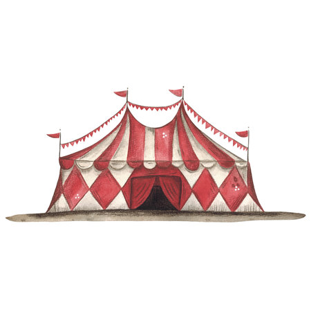 Circus tent in red and white stripes, watercolor illustrationの写真素材