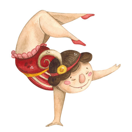 A girl gymnast in a red suit with dark hair stands on her arm watercolor illustrationの写真素材