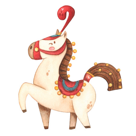 Circus horse, wearing a hat, cape and bells, watercolor illustration in childrens styleの写真素材