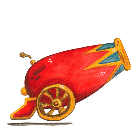 Red cannon with blue triangles watercolor illustrationの写真素材