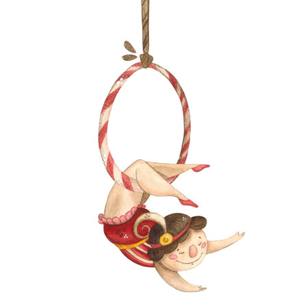 A girl in a beautiful retro circus costume with dark hair hangs in the air on a ringの写真素材