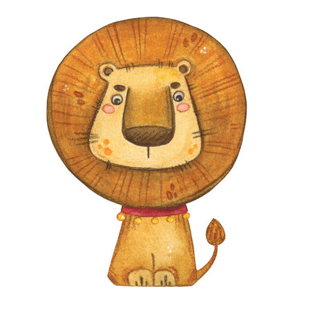 Lion in a red collar and bells circus watercolor illustrationの写真素材