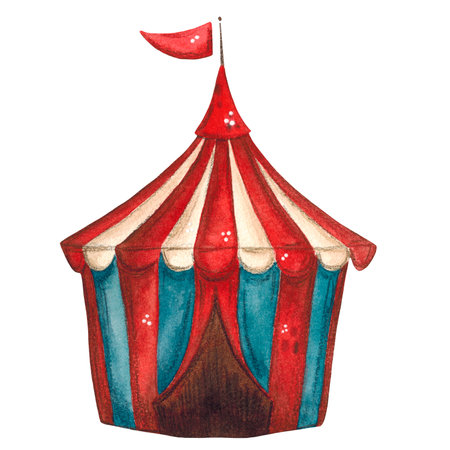 Circus tent in red and white stripes watercolor illustrationの写真素材