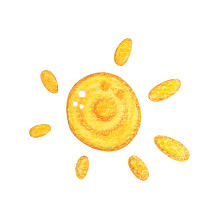 Bright yellow sun, holiday decoration. Watercolor cartoon hand drawn illustration. Drawing for stickers, scrapbooking. Holiday, sun, stylization, bright, yellow, splashの写真素材