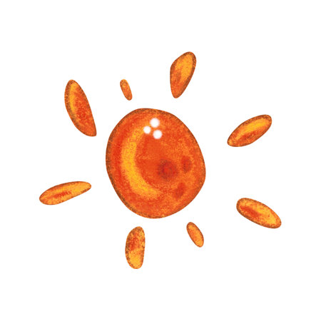 Bright orange sun, holiday decoration. Watercolor cartoon hand drawn illustration. Drawing for stickers, scrapbooking. Holiday, sun, stylization, bright, orange, splashの写真素材