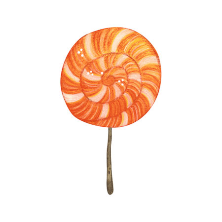 Round lollipop, halloween party decoration. Watercolor cartoon hand drawn illustration. Design for stickers, scrapbooking. Holiday, sweets, treat, orange, caramel, striped, lollipop, on a stickの写真素材