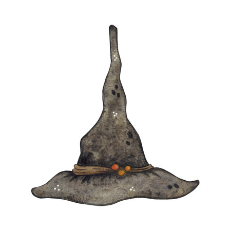 Witch hat, brown cap, halloween decoration. Watercolor cartoon hand drawn illustration. Design for stickers, scrapbooking. Holiday, costume, hat, witch, cap, brownの写真素材