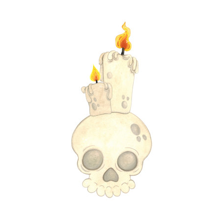 Skull with burning candles, halloween decoration. Watercolor cartoon hand drawn illustration. Design for stickers, scrapbooking. Holiday, bone, skull, decoration, skeleton, candles, fire, stand, witchの写真素材