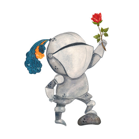 Knight in armor with a raised hand holding a red rose. Watercolor illustration, hand drawn, cartoon. Drawing for cards, stickers, scrapbooking. Middle Ages, history, tournament, battle, competitionの写真素材