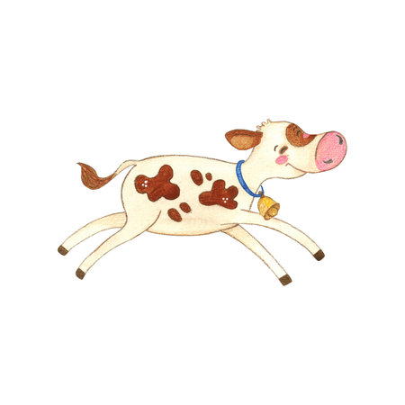 Joyfully jumping white calf with red spots with blue ribbon and golden bell. Watercolor illustration, hand drawn, cartoon. Sticker design, print, childrens book. cow, character, jumping, spots, joyの写真素材