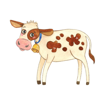 White calf with red spots with blue ribbon and golden bell. Watercolor illustration, hand drawn, cartoon. Sticker design, print, childrens book. cow, character, jumping, spots, red, joy, childrenの写真素材