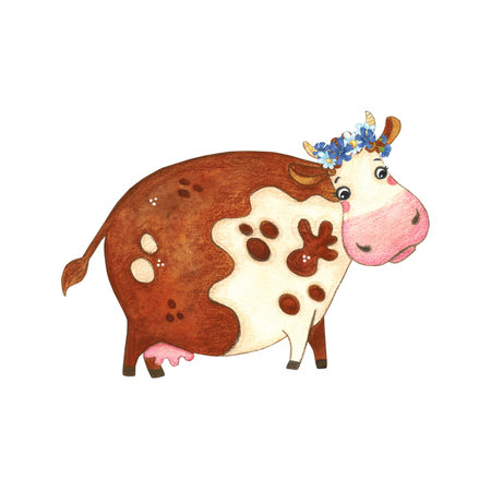 Red spotted cow standing in a wreath of wild flowers. Watercolor illustration, hand drawn, cartoon. Sticker design, print, childrens book. cow, character, jumping, spots, red, joy, children, milkの写真素材