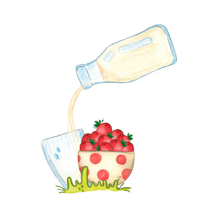 Milk from a bottle is poured into a glass next to it there is a cup full of strawberries. Watercolor illustration, hand-drawn, cartoon. Drawing for stickers, scrapbooking, blanks. milk, berry, bottleの写真素材