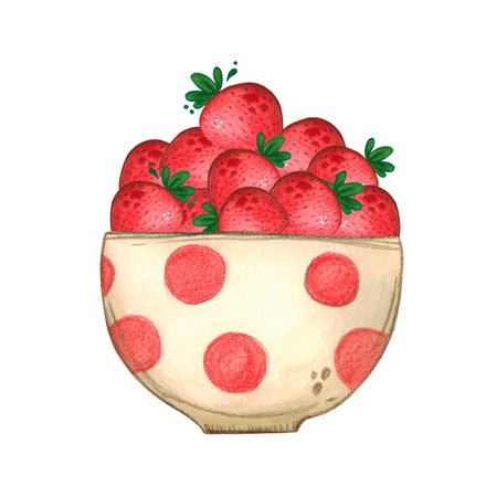 White cup with red polka dots filled with ripe strawberries. Watercolor illustration, hand drawn, cartoon. Sticker design, print, childrens book. food, summer, tableware, berry, red, bright, juicyの写真素材