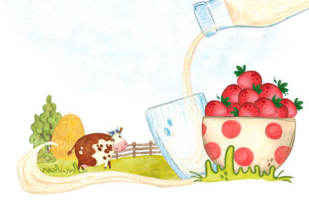 Blank for a label of a dairy product with strawberry flavor. A cute cow stands against the background of green fields, milk is poured into a glass and a cup with strawberries. Watercolor illustrationの写真素材