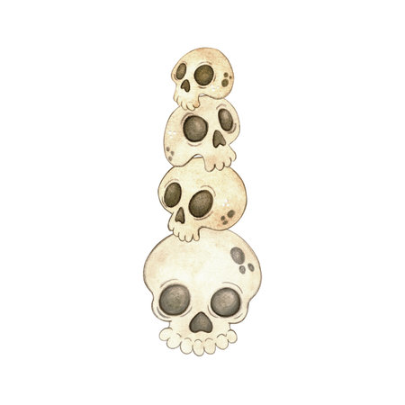 Tower of white skulls. Watercolor illustration hand drawn, cartoon. Drawing for stickers, scrapbooking, cards. holiday, day of the dead, halloween, skull, skeleton, bone, humanの写真素材