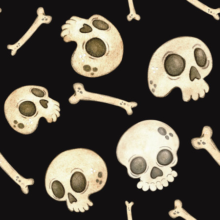 Seamless pattern of skulls and bones on a dark background. Watercolor hand drawn illustration, cartoon. Design for stickers, scrapbooking, cards. holiday, day of the dead, halloween, skull, skeletonの写真素材