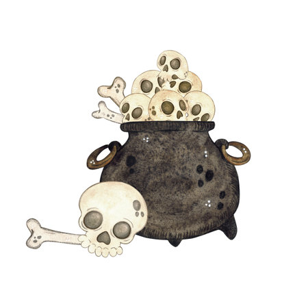 Composition with a colt full of skulls and bones. Watercolor illustration hand drawn, cartoon. Drawing for stickers, scrapbooking, cards. holiday, halloween, day of the dead, witch, cauldron, boneの写真素材