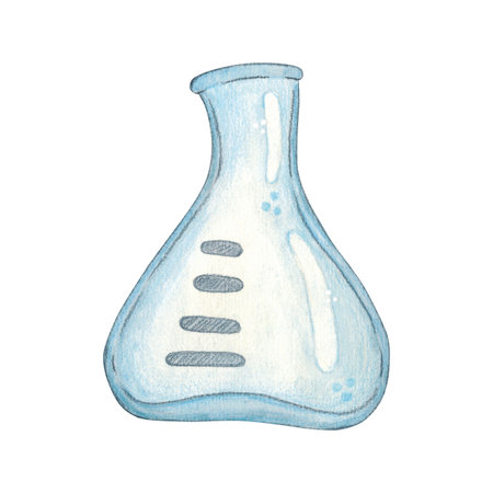 Glass laboratory flask. Watercolor illustration hand drawn, cartoon. Drawing for stickers, posters, postcard blanks, scrapbooking, journaling. science, equipment, research, school, study, experimentの写真素材