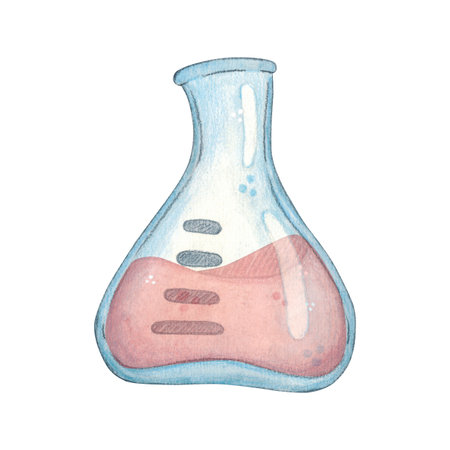 Glass flask filled with red solution. Watercolor illustration hand drawn, cartoon. Drawing for stickers, posters, postcard blanks, scrapbooking, journaling. science, equipment, research, school, studyの写真素材