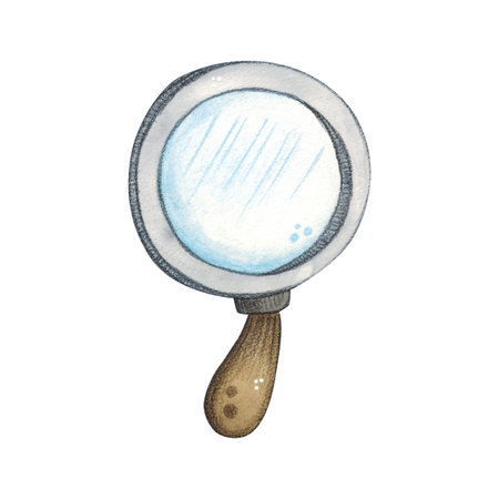 Magnifying glass with wooden handle. Watercolor illustration hand drawn, cartoon. Drawing for stickers, posters, card blanks, scrapbooking, journaling. science, equipment, research, school, studyの写真素材