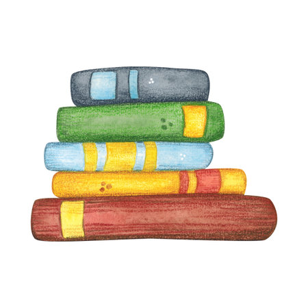 Stack of school books, textbooks. Watercolor illustration hand drawn, cartoon. Drawing for stickers, posters, postcard blanks, scrapbooking, journaling. School, pupil, student, notebook, greenの写真素材