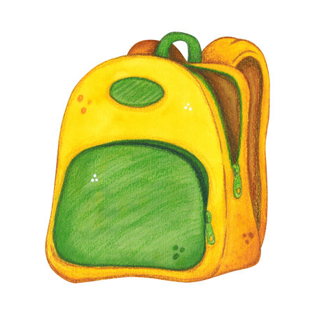 School backpack, briefcase, yellow with green pocket. Watercolor illustration hand drawn, cartoon. Drawing for stickers, posters, postcard blanks, scrapbooking, journaling. School, bag, schoolboyの写真素材