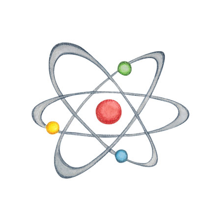 Planetary model of atomic structure. Watercolor illustration hand drawn, cartoon. Drawing for stickers, posters, postcard blanks, scrapbooking, journaling. Science, research, physics, chemistryの写真素材