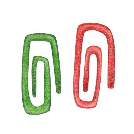 Paper clips green and red. Watercolor illustration hand drawn, cartoon. Drawing for stickers, posters, postcard blanks, scrapbooking, journaling. School, study, knowledge, stationery, fasten, paperの写真素材