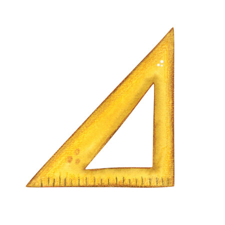 Triangle ruler, school tool. Watercolor illustration hand drawn, cartoon. Drawing for stickers, posters, postcard blanks, scrapbooking, journaling. School, geometry, draw, ruler, centimeter, triangleの写真素材