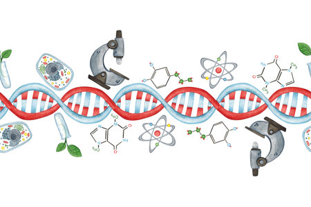 Seamless border of DNA chain, microscope, cell, chemical formulas and plants in test tube. Watercolor illustration hand drawn, cartoon. Drawing for infographics, packaging, cardsの写真素材