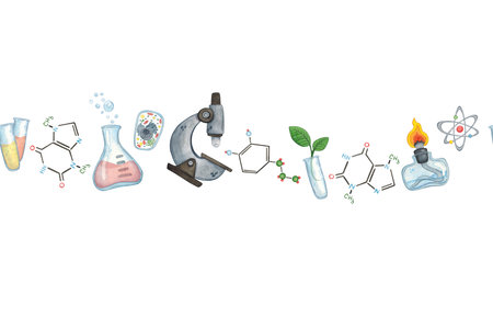 Seamless border of laboratory equipment and formulas. Laboratory, science, school. Watercolor illustration hand drawn, cartoon. Drawing for infographics, science festival, cardsの写真素材