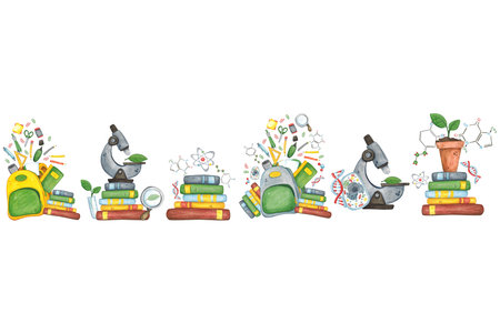 Seamless border of back to school compositions. Watercolor illustration hand drawn, cartoon. Drawing for infographics, packaging, cards, invitations. Biology, science, genetics, schoolの写真素材
