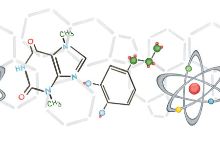 Seamless border of chemical formulas. Watercolor illustration hand drawn, cartoon. Drawing for infographics, science festival, cards, invitations. Biology, science, genetics, structureの写真素材