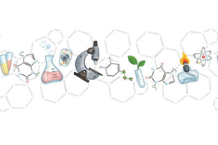 Seamless border of laboratory equipment, formulas, molecules. Laboratory, science, school. Watercolor illustration hand drawn, cartoon. Drawing for infographics, science festival, cardsの写真素材