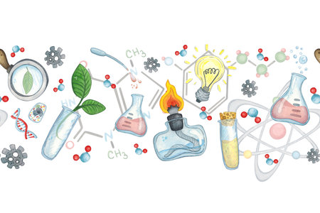 Seamless border of laboratory glassware, formulas, molecules. Laboratory, science, school. Watercolor illustration hand drawn, cartoon. Drawing for infographics, science festival, cardsの写真素材