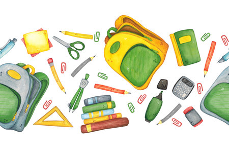 Seamless border of school supplies, stationery. Watercolor illustration hand drawn, cartoon. Drawing for infographics, packaging, cards, invitations. School, education, studentの写真素材