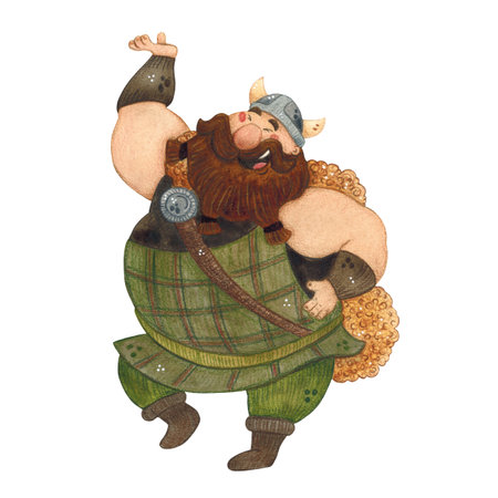 Cheerful Viking in a helmet and a checkered cape on a white backgroundの写真素材