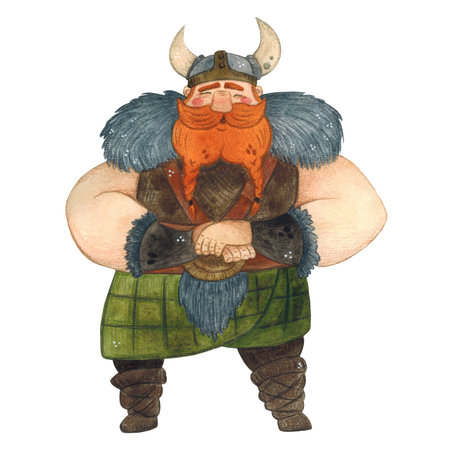 Viking in a helmet, a strong man with folded hands stands on a white backgroundの写真素材