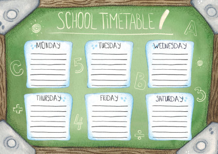 School timetable template for print. Watercolor illustration of a school green board with sheets of paper, hand drawn, cartoon. School, schedule, lessons, activities, planningの写真素材