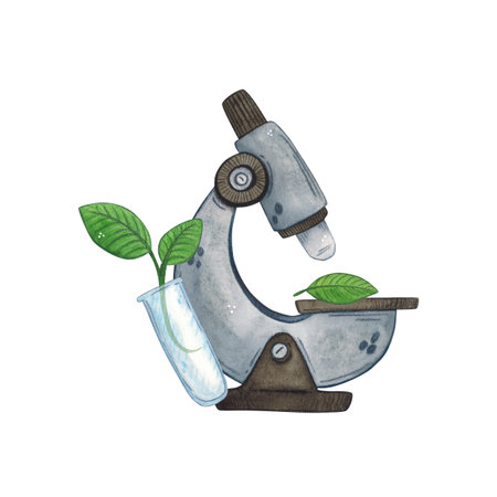Microscope and a test tube with a green plant next to it. Watercolor illustration hand drawn, cartoon. Drawing for stickers, cards, invitations, scrapbooking. science, schoolの写真素材