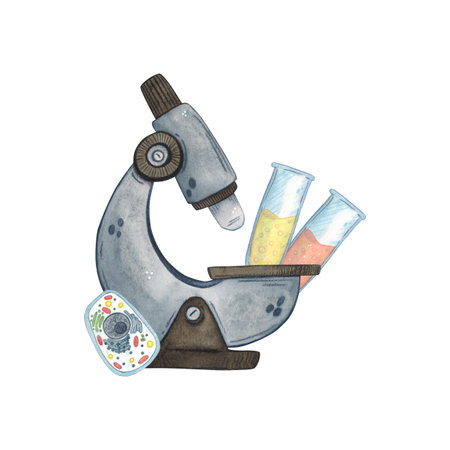 Microscope, two flasks with colored liquid and a cell stand next to each other. Watercolor illustration hand drawn, cartoon. Drawing for stickers, cards, invitations, scrapbookingの写真素材