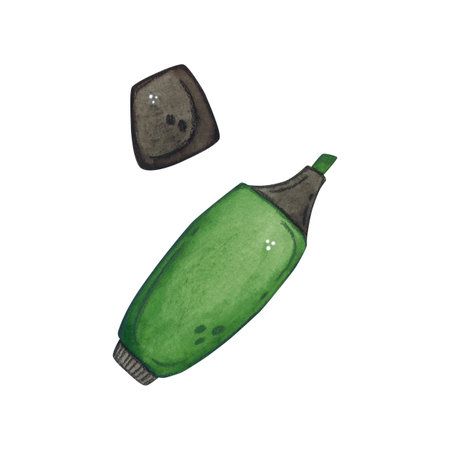 Green marker, highlighter. Watercolor illustration hand drawn, cartoon. Drawing for stickers, cards, invitations, scrapbooking. science, school, laboratory, back to school, biologyの写真素材