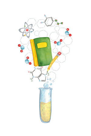 Blank for a postcard - a test tube and a book, chemical formulas fly out of it. Watercolor illustration drawn by hand, cartoon. Drawing for a sticker, poster. science, schoolの写真素材
