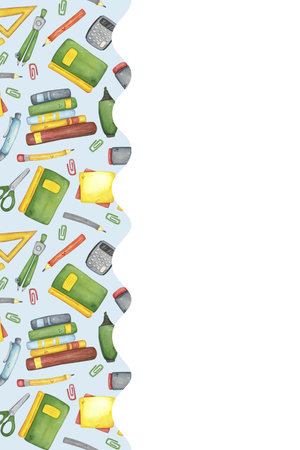 Blank for postcard blue wavy stripe with school supplies. Watercolor illustration hand drawn, cartoon. Drawing for sticker, poster. science, school, laboratory, biology, chemistryの写真素材