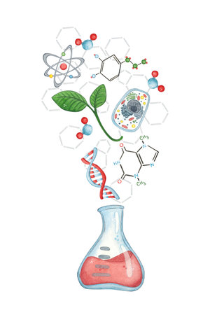 Blank for a postcard flask with red liquid from which a plant, cell, chemical formulas fly out. Watercolor illustration hand-drawn, cartoon. Drawing for a sticker, poster. scienceの写真素材